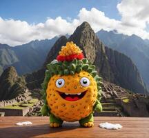 ai généré marrant ananas dans machu picchu, Pérou, Sud Amérique photo