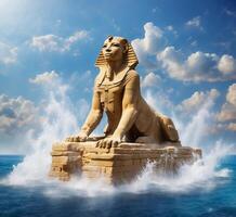 ai généré statue de sphinx sur le Contexte de le mer et ciel photo