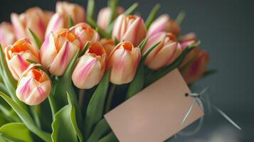 une magnifique bouquet de tulipes avec une Vide étiquette pour une Nom ou anniversaire carte photo