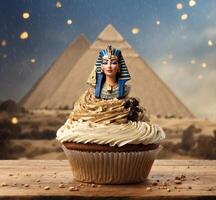 ai généré petit gâteau avec égyptien reine sur le Contexte de le pyramides photo