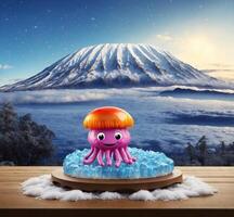 ai généré marrant méduse sur la glace avec mt. Fuji dans le Contexte photo