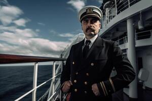 ai généré le capitaine de le navire est sur le plate-forme de le sien bateau. une homme sur le plate-forme de une navire photo