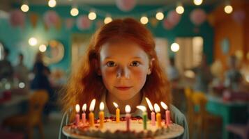 ai généré une rousse Jeune fille volonté coup en dehors le bougies sur le anniversaire gâteau photo