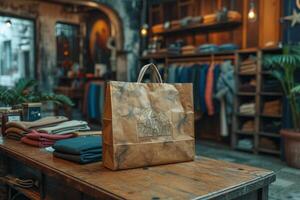 ai généré fermer de une papier sac permanent sur une table dans une boutique photo