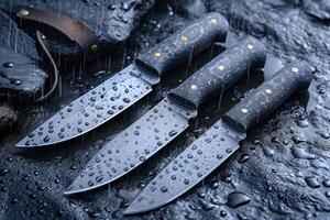 ai généré noir Damas acier des couteaux sur une en bois planche dans le pluie photo
