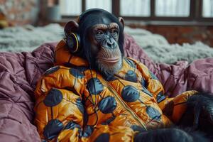 ai généré une chimpanzé singe avec musical écouteurs est séance dans un fauteuil photo