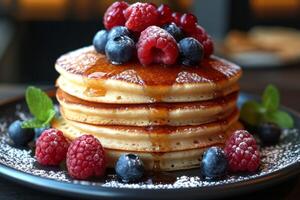 ai généré sucré fait maison Crêpes avec beurre et mon chéri et baies sur une plaque. petit déjeuner photo