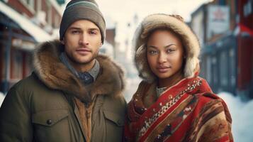 ai généré portrait de une homme et une femme patriotes de leur pays contre le Contexte de une ville rue photo