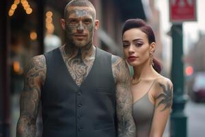 ai généré tatoué homme et femme sur une ville rue dans le après midi photo