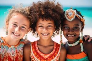ai généré Trois Jeune souriant les filles de différent les courses dans été coloré vêtements sur le plage photo