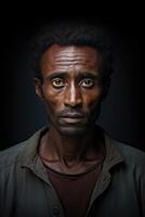 ai généré portrait de une sérieux homme de le africain course sur une noir Contexte photo