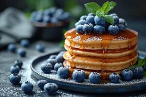 ai généré sucré fait maison Crêpes avec beurre et mon chéri et baies sur une plaque. petit déjeuner photo