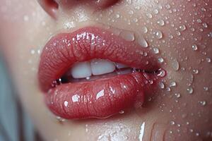 ai généré sexy femelle lèvres dans le pluie fermer. magnifique parfait se maquiller. macro photo