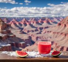 ai généré verre de pastèque jus sur le Contexte de le grandiose canyon, Arizona, Etats-Unis photo