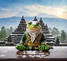 ai généré grenouille séance sur une en bois table dans de face de le temple dans Bali, Indonésie photo