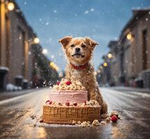 ai généré mignonne chien avec gâteau sur le rue dans le chute de neige. photo
