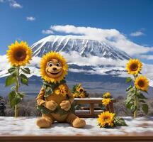 ai généré tournesols mascotte personnage et mt. Fuji dans le arrière-plan, photo