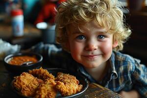 ai généré une enfant est dans le cuisine à le table avec aliments. fait maison aliments. le déjeuner photo