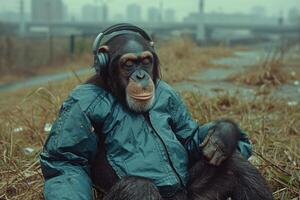 ai généré une chimpanzé singe avec musical écouteurs est séance à l'extérieur photo