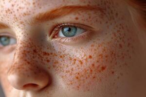 ai généré macro la photographie de le bleu yeux de une rousse adolescent garçon photo