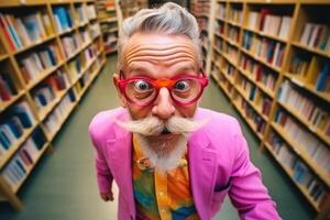 ai généré portrait de une joyeux, content personnes âgées homme dans coloré vêtements et des lunettes dans le bibliothèque photo