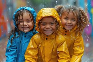 ai généré Trois des gamins dans coloré vêtements ayant amusement tandis que il des pluies à l'extérieur photo