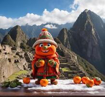 ai généré marrant kaki mascotte personnage avec machu Picchu est un inca archéologique site dans le péruvien andes. photo
