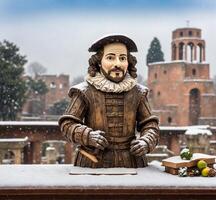 ai généré sculpture de une médiéval Chevalier avec une livre dans le sien mains sur une hiver journée photo