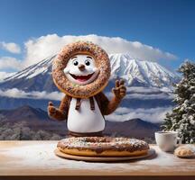 ai généré mignonne bonhomme de neige avec Donut, tasse de café et volcan sur Contexte photo