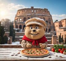 ai généré de bonne humeur Pizza ours sur le Contexte de colisée dans Rome, Italie photo