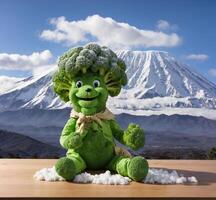 ai généré marrant vert brocoli mascotte et zombi avec neige dans de face de mt. Fuji. photo