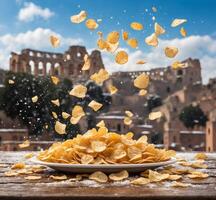 ai généré en volant Patate chips dans de face de colisée dans Rome, Italie photo