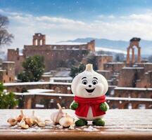 ai généré Ail mascotte personnage sur le Contexte de le romain forum dans Rome, Italie photo