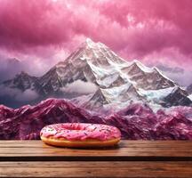 ai généré Donut avec rose glaçage sur en bois table dans de face de montagnes photo