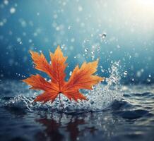 ai généré l'automne érable feuille chute dans le l'eau avec l'eau gouttes sur Contexte photo