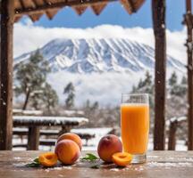 ai généré abricot jus et Frais abricots sur en bois table dans de face de mt Fuji, Japon photo