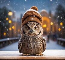 ai généré hibou dans une chapeau sur le Contexte de le Noël ville. photo