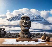 ai généré mt. Fuji avec neige et Bouddha statue dans hiver photo