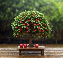 ai généré Pomme arbre avec rouge pommes sur une en bois table dans le pluie. photo