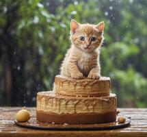 ai généré mignonne gingembre chaton séance sur une gâteau dans le pluie. sélectif se concentrer. photo