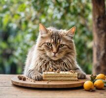 ai généré persan chat avec Orange gâteau sur en bois table dans le jardin. photo