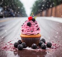 ai généré petit gâteau avec mûres et cerises sur le Contexte de le route photo