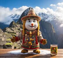 ai généré bonhomme de neige dans le de face de machu picchu, Pérou. photo