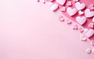 ai généré pastel poupée style rose Contexte avec épars papier cœurs, Haut voir, plus de le épaule, copie espace à le gauche. valentines jour, engagement ou mariage fête affiche. ai génératif photo