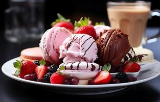 ai généré délicieux Frais nourriture vanille et fraise la glace crème dans différent modes sur une assiette photo