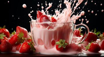 ai généré vue de magnifique délicieux fraise fruit chute dans Lait dans une bol sur une table photo