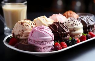 ai généré délicieux Frais nourriture vanille et fraise la glace crème dans différent modes sur une assiette photo