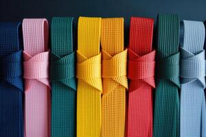 ai généré coloré force textile bandes. tissé corde fabriqué de nylon ou polyester dans divers couleurs. photo