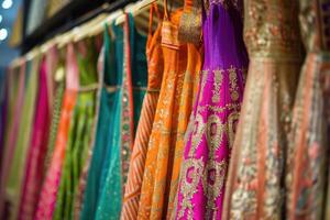 ai généré pendaison magnifique Indien Robes différent couleurs et décoration à marché, boutique, boutique, bazar, mode vêtements designer collection photo