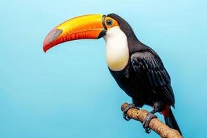 ai généré toucan oiseau sur une bleu Contexte photo